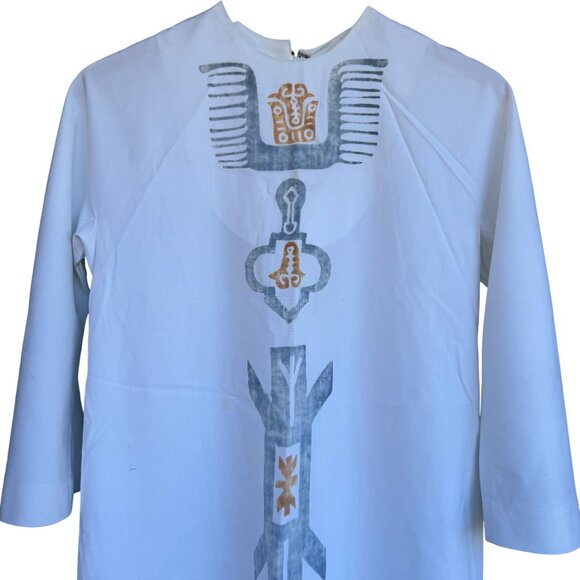 Maxi Dress Cultural Ethnic Native Print 3/4 Sleeves White Gray Back Zip Vtg 60s - Picture 6 of 16